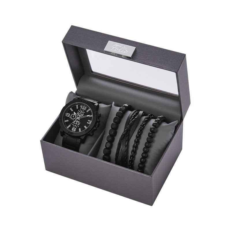Men's Matte Black Watch & Stackable Bracelets Gift Set - Modern Style