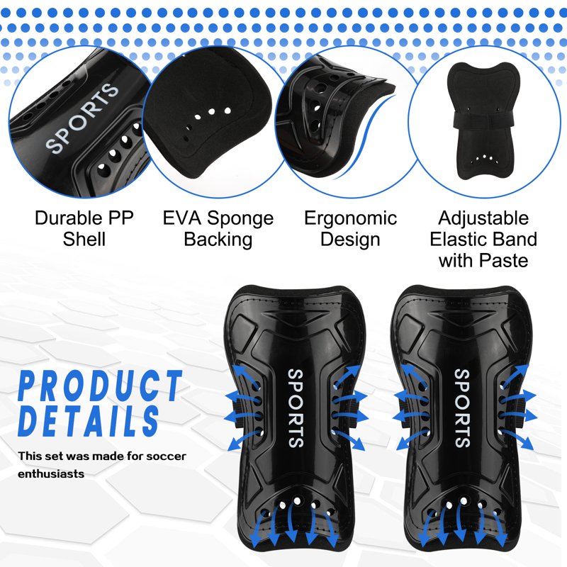 2 Pairs Kids Soccer Shin Guards & Socks Set, Lightweight Youth Shield for 3-15 Years, Black & Blue (Variation: L, 2 Pair)