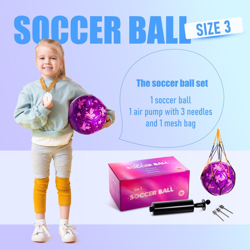 PlayZap Size 3 Cartoon Soccer Ball with Pump - Sparkly Purple Unicorn for Kids 3-8