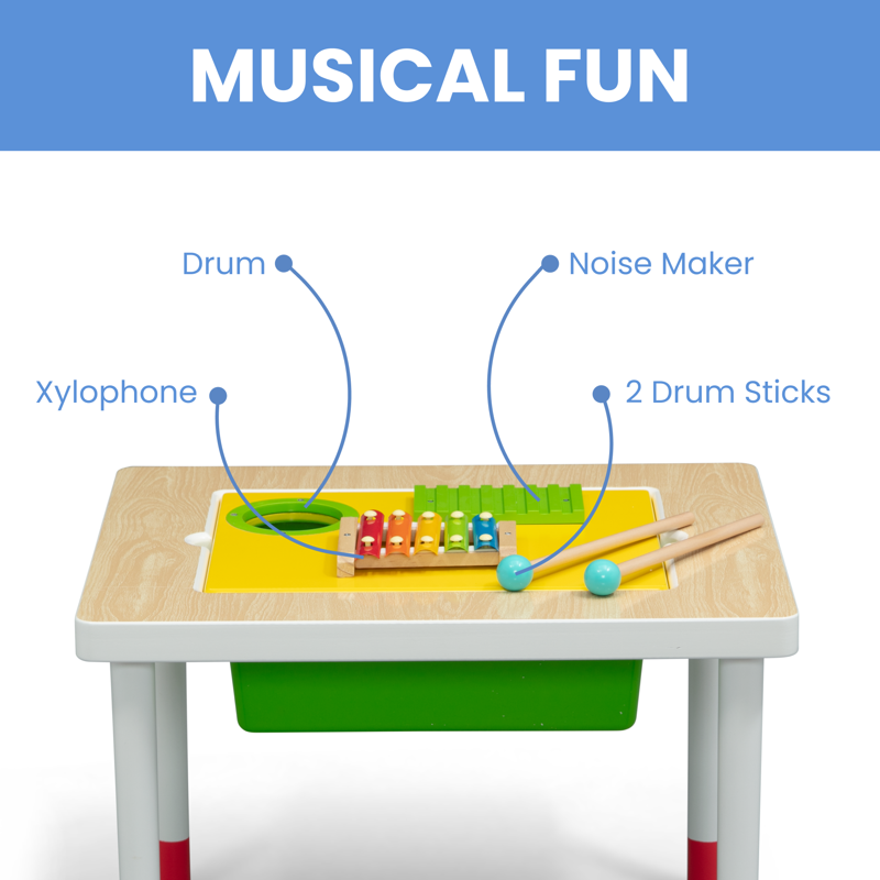 Kids Sensory Play Table with Musical Instruments and Storage Bin - White/Natural