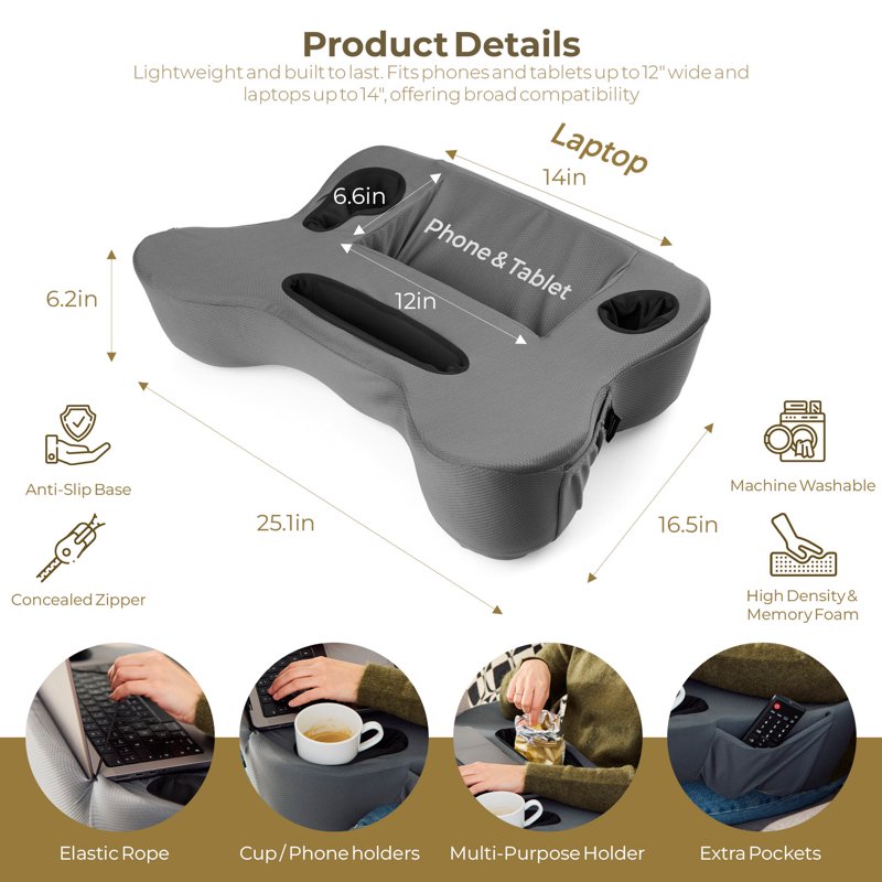 Gray 27-Inch Oversized Lap Desk Pillow with Cup Holder & Storage