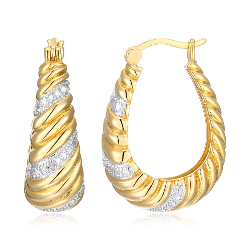 Diamond Accent Swirl Hoop Earrings - Two-Tone Rhodium and Gold Plated Jewelry