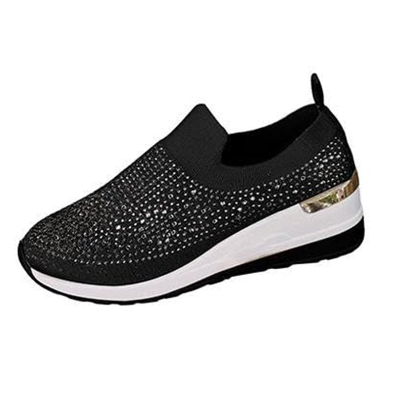 Women's Sparkly Wedge Sneakers with Rhinestone Embellishments - Casual Flats