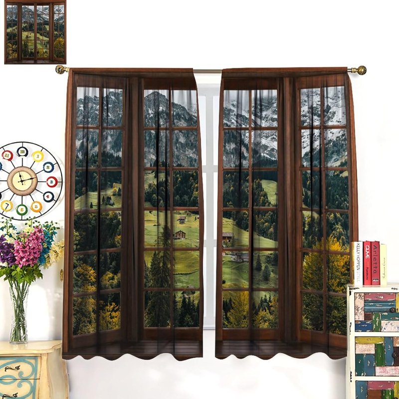 Waterproof Mountain Forest Nature Scene Window Curtains - 2 Panel Options