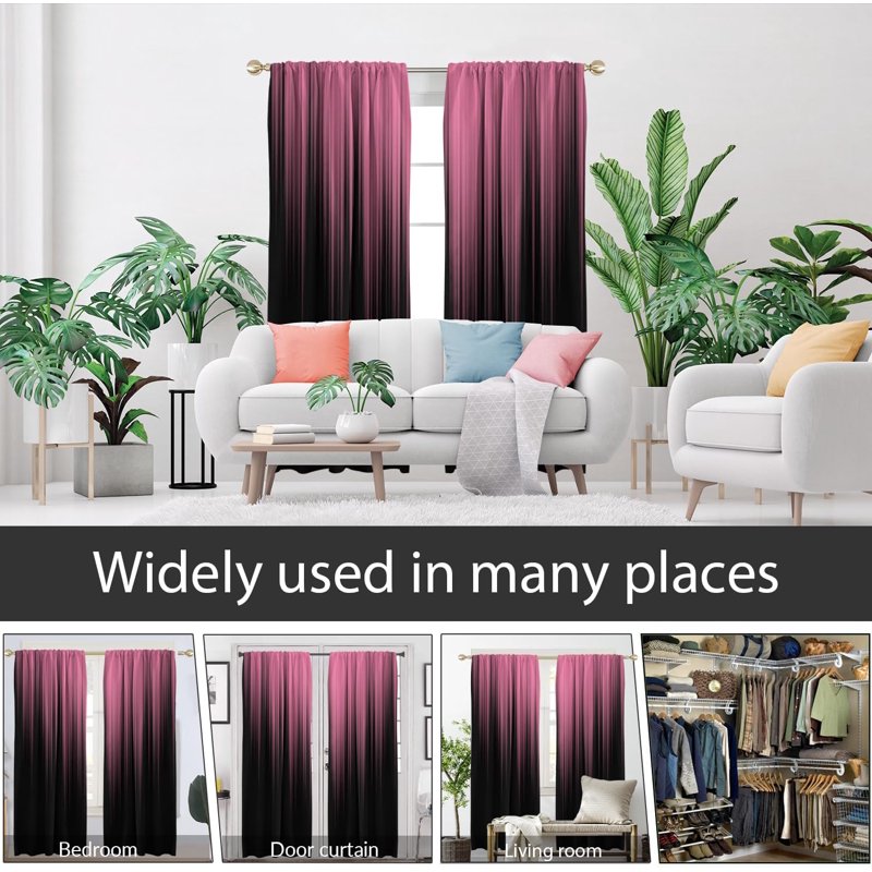 Pink and Black Ombre Window Curtain Set - Modern Abstract Girly Gothic Drapes, 52x84 Inches, 1 Pair