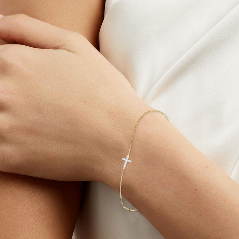 Lab-Grown Diamond Cross Bracelet in Yellow Gold-Plated Silver, 7.25 Inch