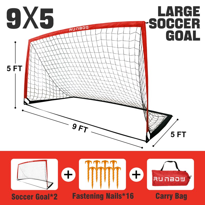 RUNBOW 9x5 Ft Portable Soccer Goal for Backyard - Red, 2 Pack with Carry Bag