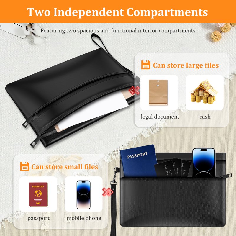 Fireproof Money Bag with Dual Zippers 6400℉ Heat Resistant Document Safe Pouch