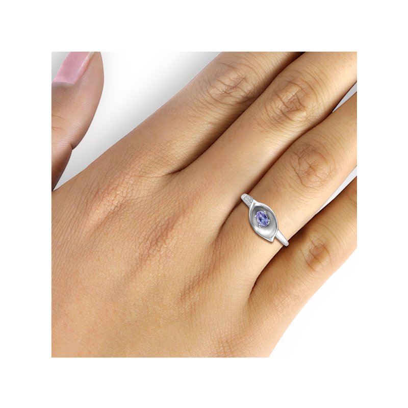 Sterling Silver Tanzanite Birthstone Ring with White Diamond Accents – Hypoallergenic 0.25 Carat Oval Gemstone Jewelry