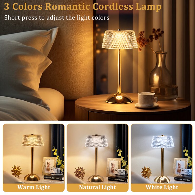 Rechargeable Cordless Crystal Table Lamp with Touch Control, 3 Light Colors
