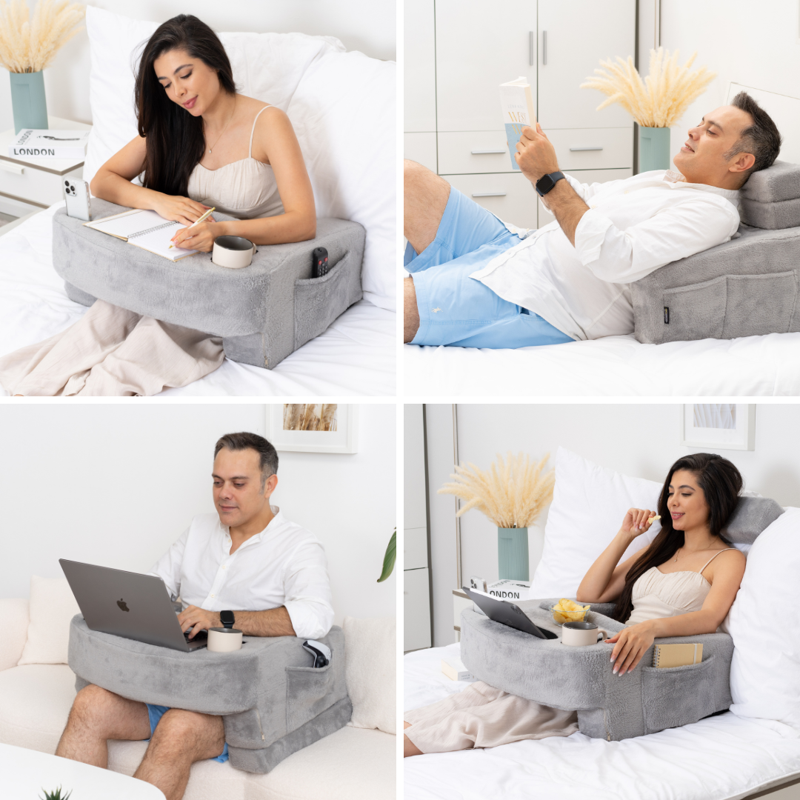 Multi-Functional Reading & Gaming Pillow with Cup Holder & Armrests - Adjustable Support