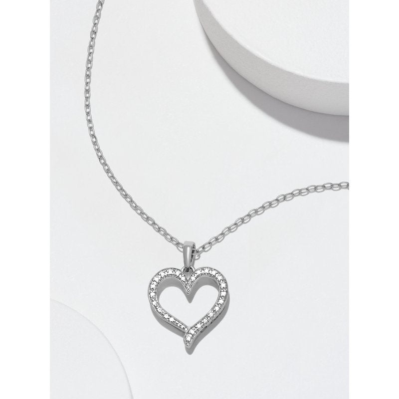 Silver Open Heart Pendant Necklace with Diamond Accent - 18 Inch Chain