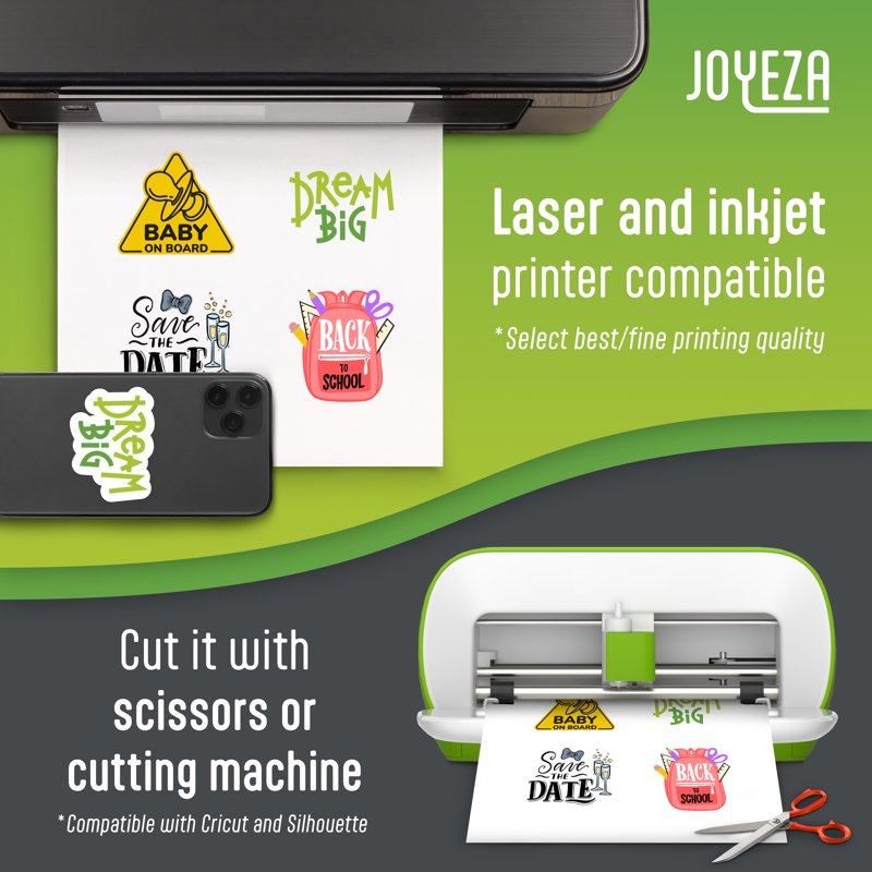 Printable Vinyl Sticker Paper for Inkjet & Laser Printers - White, 8.5x11 Inches, Pack of 25 Sheets