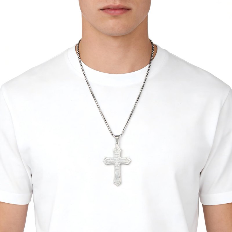 Men's Stainless Steel Religious Cross Necklace with Lord's Prayer Engraving