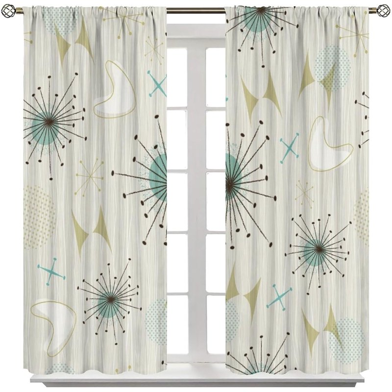 Mid Century Retro Curtains Set - Atomic Pattern Window Treatments for Bedroom & Living Room