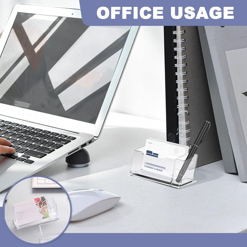 6 Pack Acrylic Business Card Holders with Pen Slots - Clear Desk Organizer