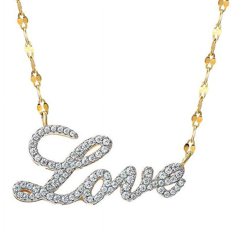 Sterling Silver 14K Gold Plated Love Necklace with Diamonds - 18 Inch Chain