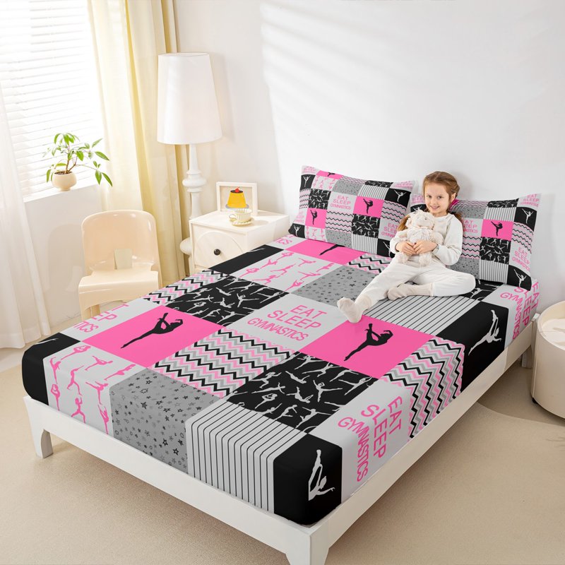 Twin Sheet Set - Pink White Gray 345 | Manfei Gymnastics Themed 3-Piece Bedding