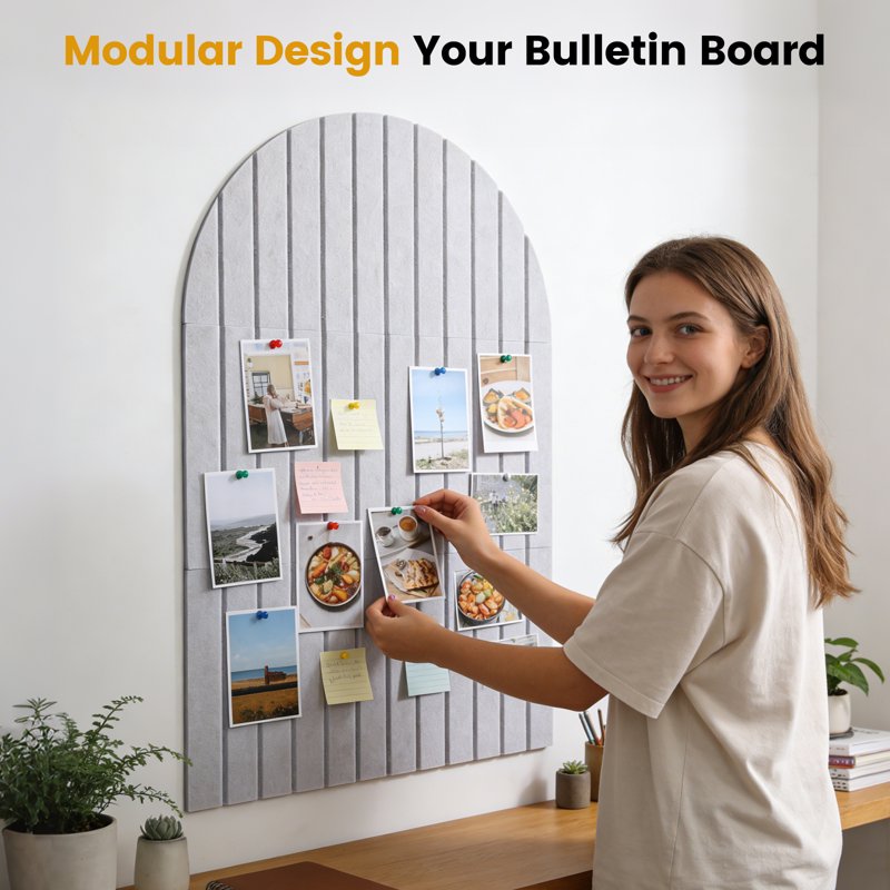Large Arched Felt Bulletin Board 35x24 Inches with Adhesive Tiles & Push Pins - Home Office Classroom Decor
