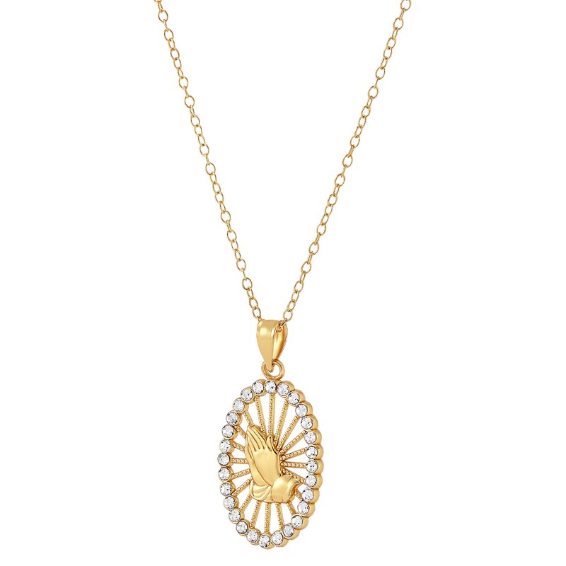Praying Hands Pendant Necklace 18K Gold Over Sterling Silver with Crystals