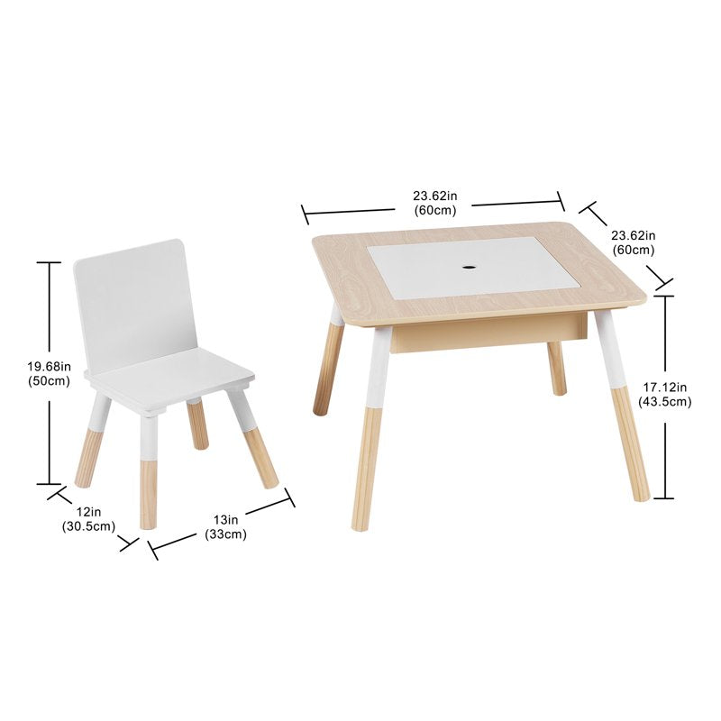 Kids Activity Table and Chair Set with Flip Top Dry Erase & Chalkboard, Storage - White