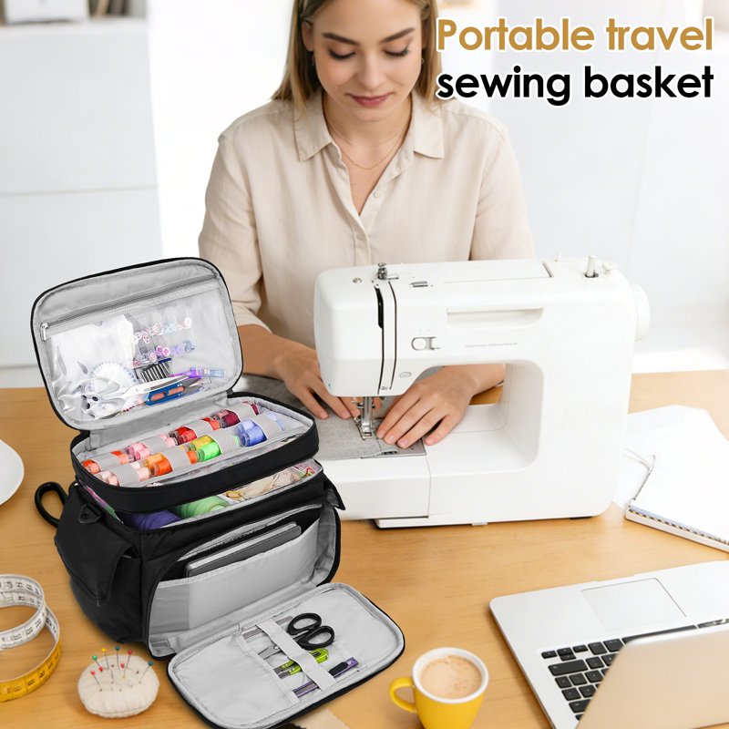 Large Double Layer Sewing Organizer Bag with Removable Dividers and Shoulder Strap