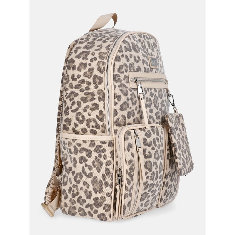 Women's Double Pocket Dome Backpack with Detachable Pouch - Leopard Print