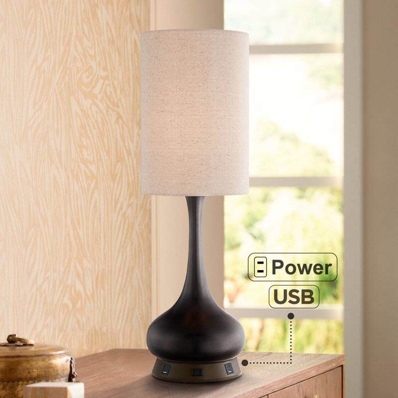 Modern Table Lamp with USB Charging Station - Bronze Finish, 24.5"