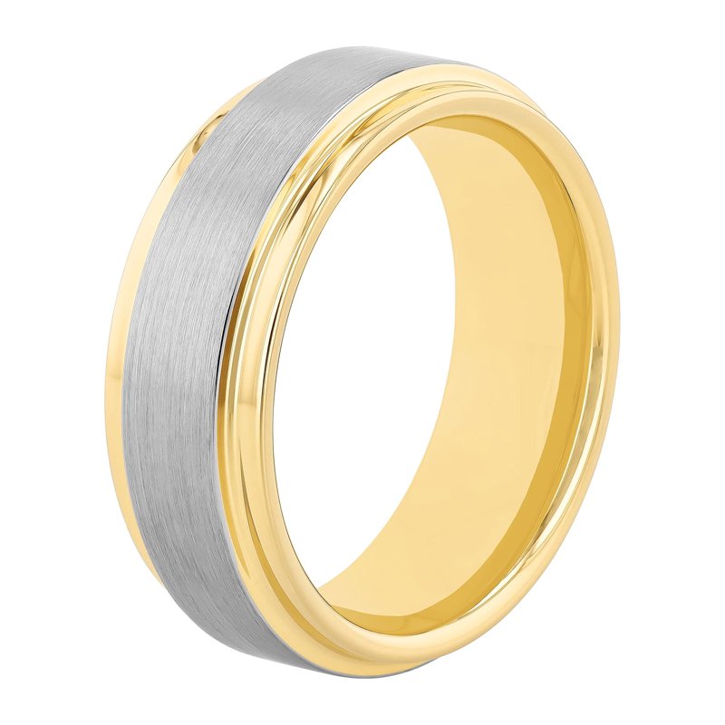 Men's Two-Tone Tungsten Wedding Ring Satin Finish Step Edge - Durable Band