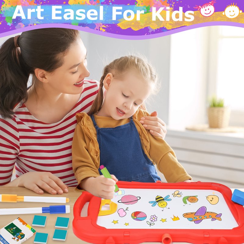Kids Double-Sided Magnetic Art Easel with Whiteboard & Chalkboard, Adjustable Height, Blue