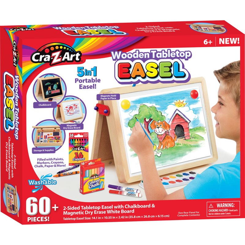 Portable Wooden Art Easel with Chalkboard & Dry Erase Board — 60+ Art Supplies, Kids Age 6+