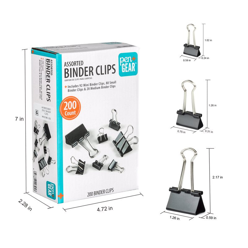 Metal Binder Clips Set - Assorted Sizes, 200 Black Office Clips