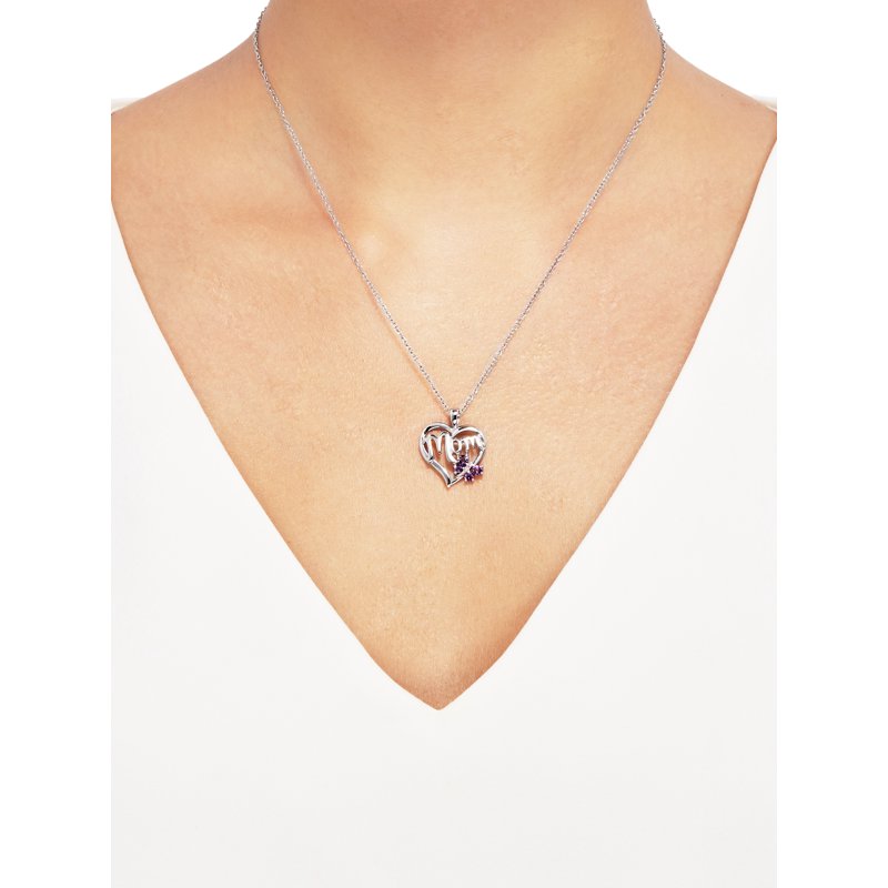 Sterling Silver Heart Pendant with Amethyst and Diamond for Mom - 18 Inch Chain