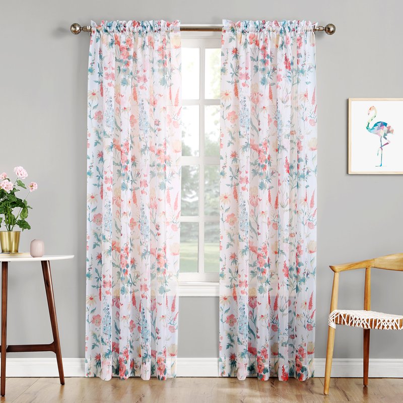 2 Pack Sheer Voile Curtain Panels with Rod Pocket - White Floral, 58x84 Inches