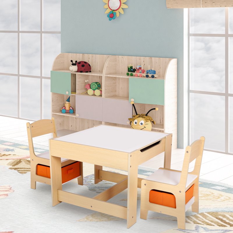 Kids Activity Table and 2 Chairs Set with Storage - Toddler Play & Study Furniture