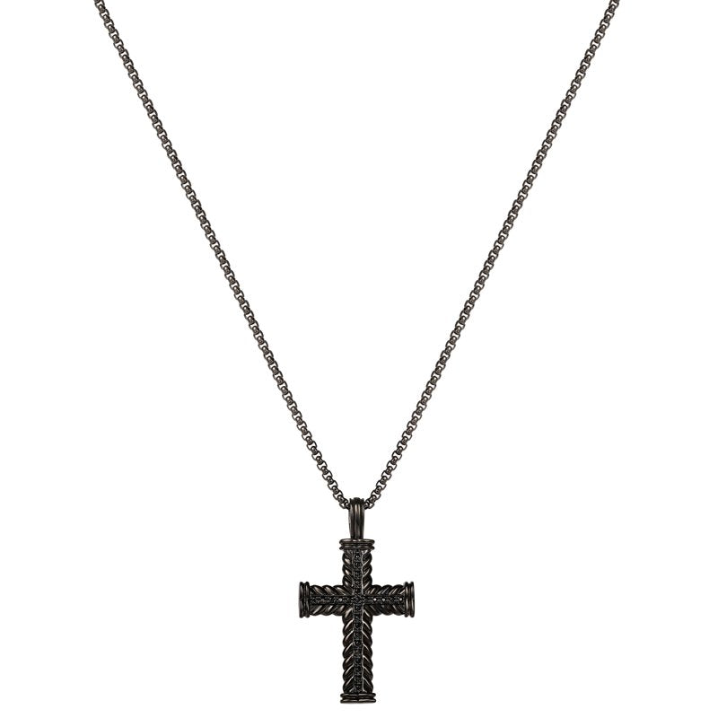 Women’s Black Plated CZ Cross Pendant Necklace - 22 Inch Stainless Steel