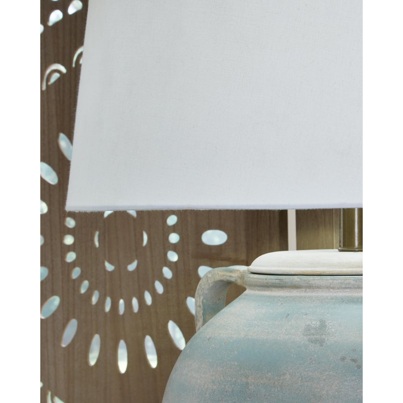 Terracotta Table Lamp with Green Finish and Drum Shade - 28.5 Inch