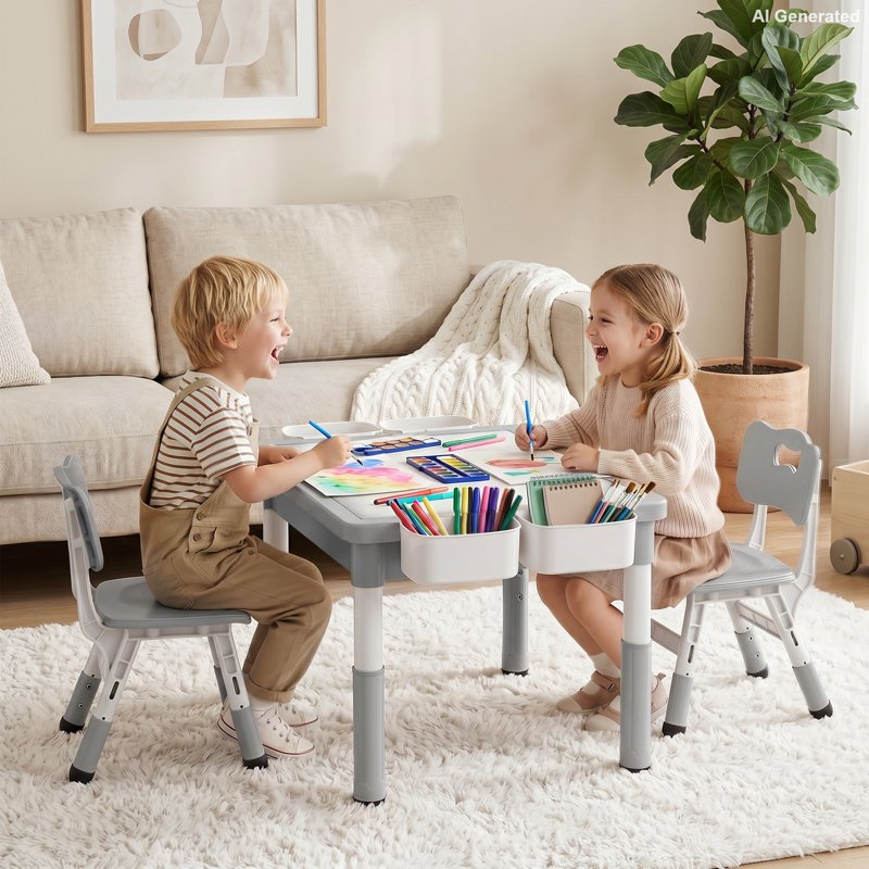 Kids Activity Table and Chair Set with Storage and Adjustable Height - Gray