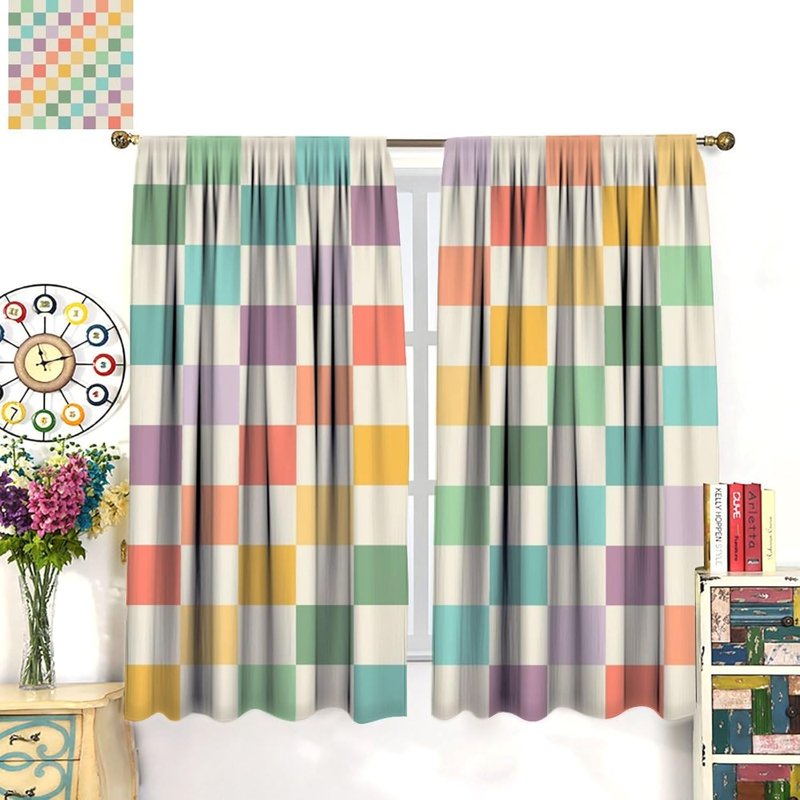 Colorful Checkered Gradient Window Curtains - Thermal Insulated 2 Panel Set, 42x54 Inches