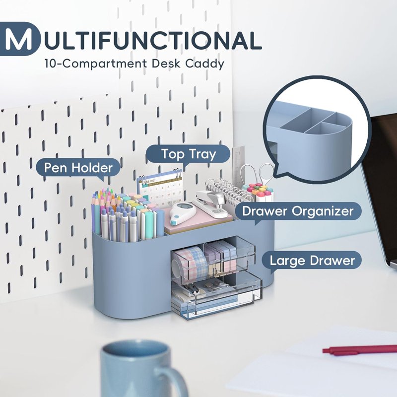 10-Compartment Desk Organizer with Drawers and Pen Holders, Office Storage