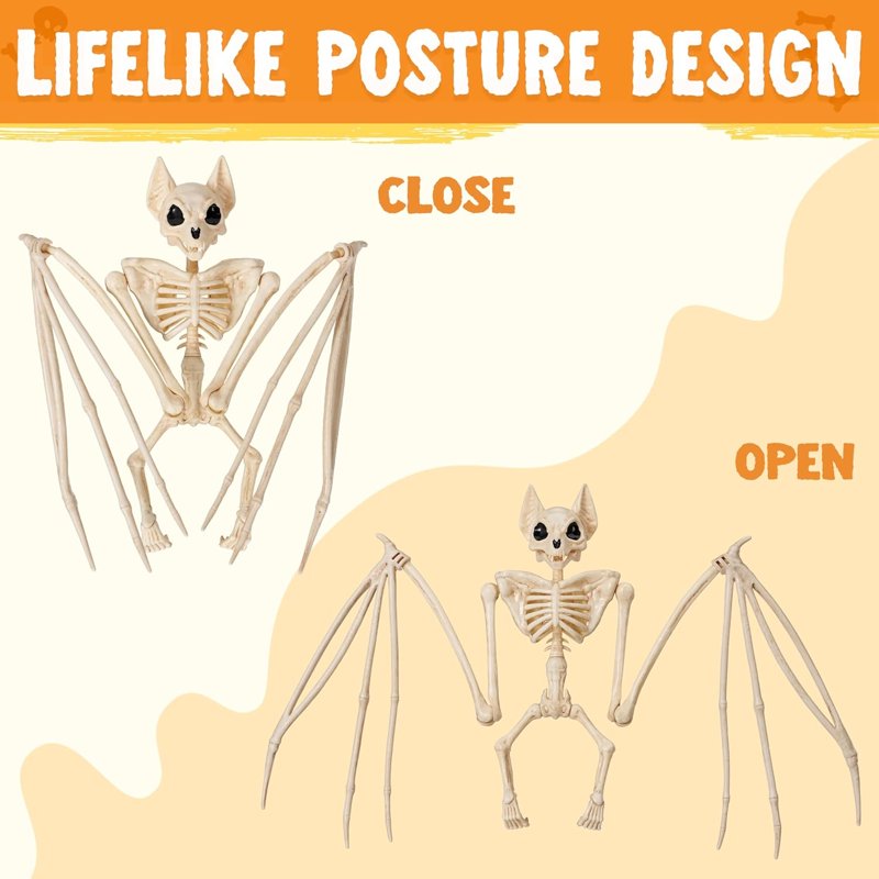 Joyfy 11in Bat Skeleton Halloween Decoration - Posable Plastic Animal for Indoor & Outdoor