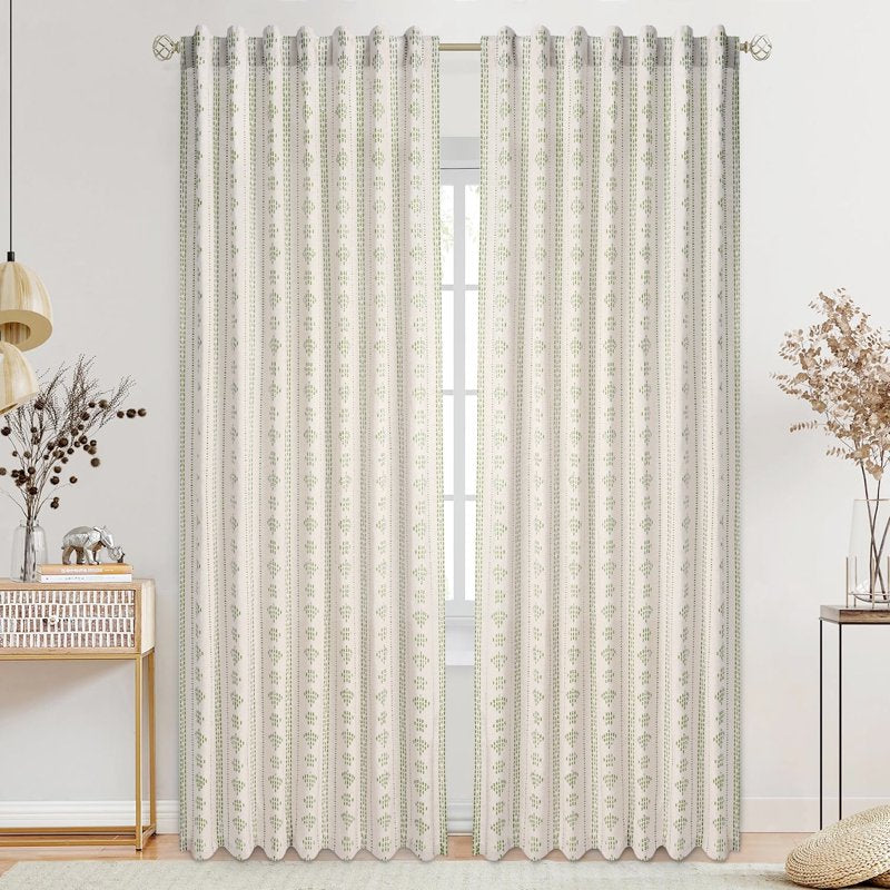 Linen Boho Farmhouse Curtains Set - Light Filtering Geometric Striped Window Drapes, 52x84 inches
