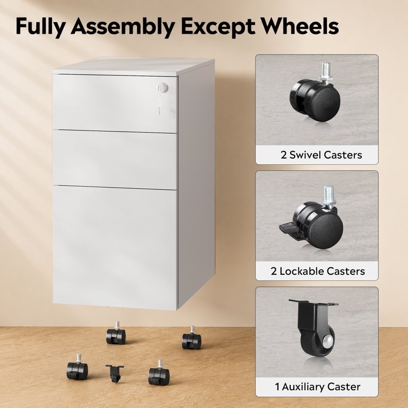 Metal 3 Drawer File Cabinet with Lock, Under Desk Office Storage, White