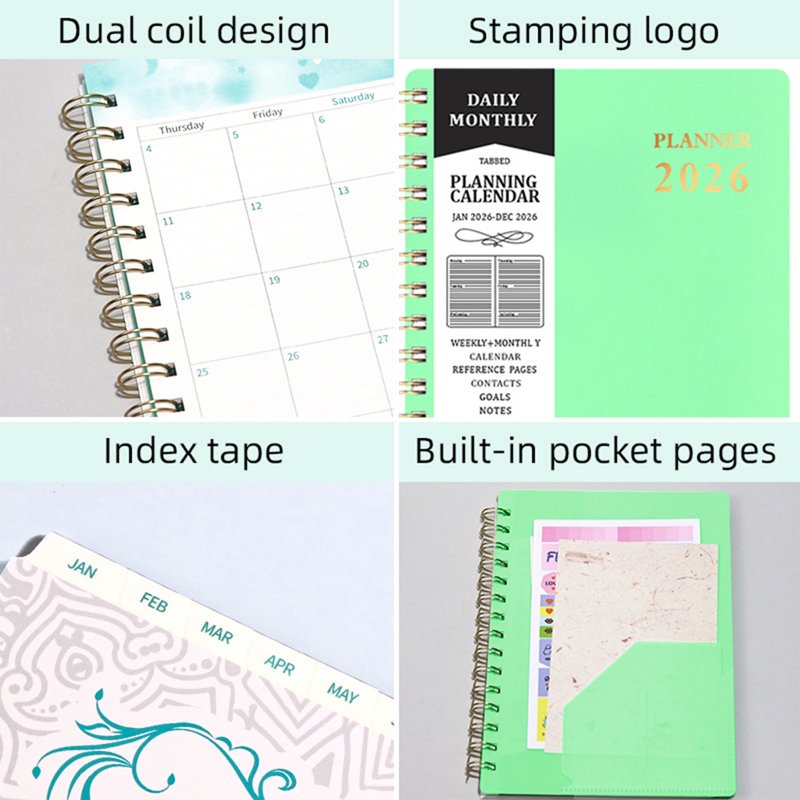 2026 Calendar Planner Coil Bound with Faux Leather Cover - A5 Daily Organizer