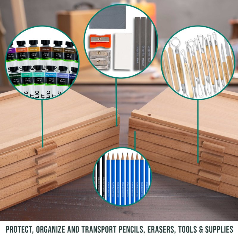 Art Supply Storage Box with 10 Stackable Elm Hardwood Drawers for Pastels Pens & Pencils