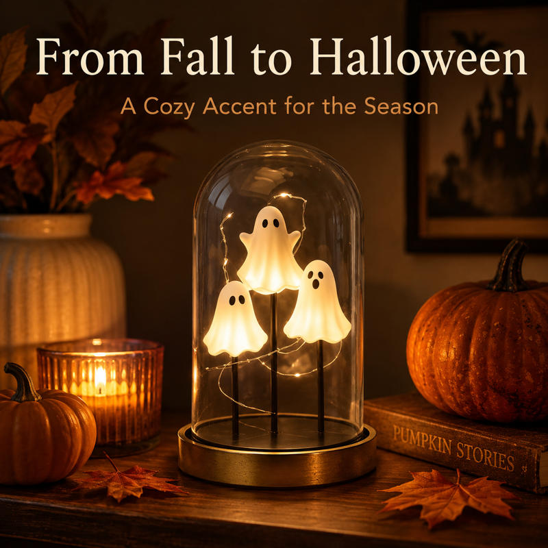 Lighted Ghost in Glass Dome Cloche - 8 Inch Halloween Decoration with 3 Mini Ghosts