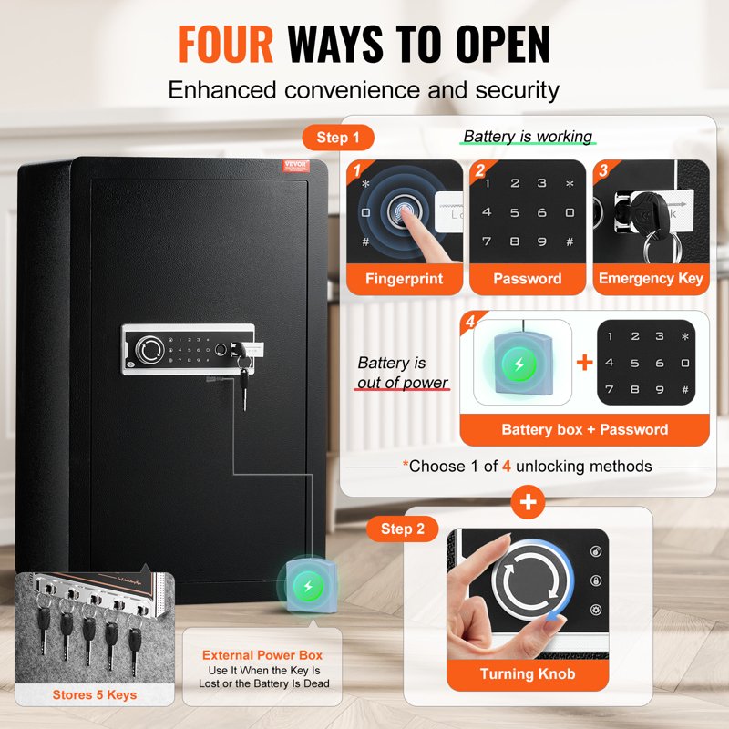Secure 4.0 Cu.Ft Safe Box with Key Lock, Password & Fingerprint, Fireproof Bag & LED Light