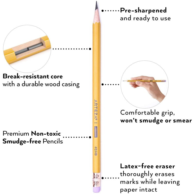 Bulk Wood Cased Pencils #2 HB - Pre-Sharpened, Break-Resistant Lead for Drawing & Writing