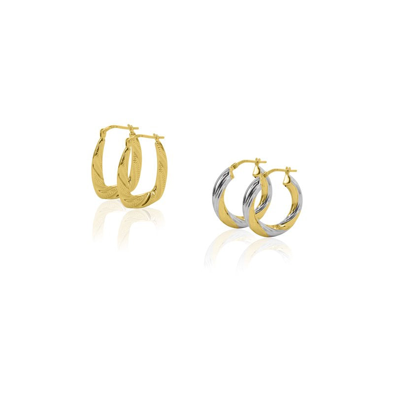 Gold Plated Sterling Silver Hoop Earrings Set - Textured & Swirl Design, 24x18mm & 23mm, Hypoallergenic, Adults Jewelry