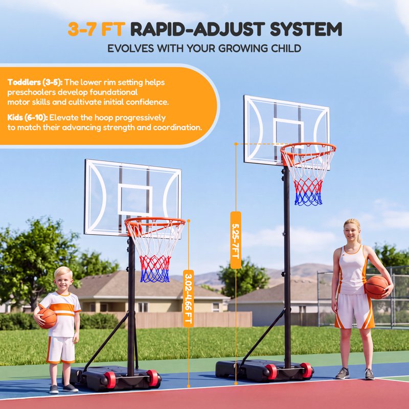 Portable Adjustable Basketball Hoop System - 29-Inch Backboard, 3-7 FT Height, Outdoor/Indoor
